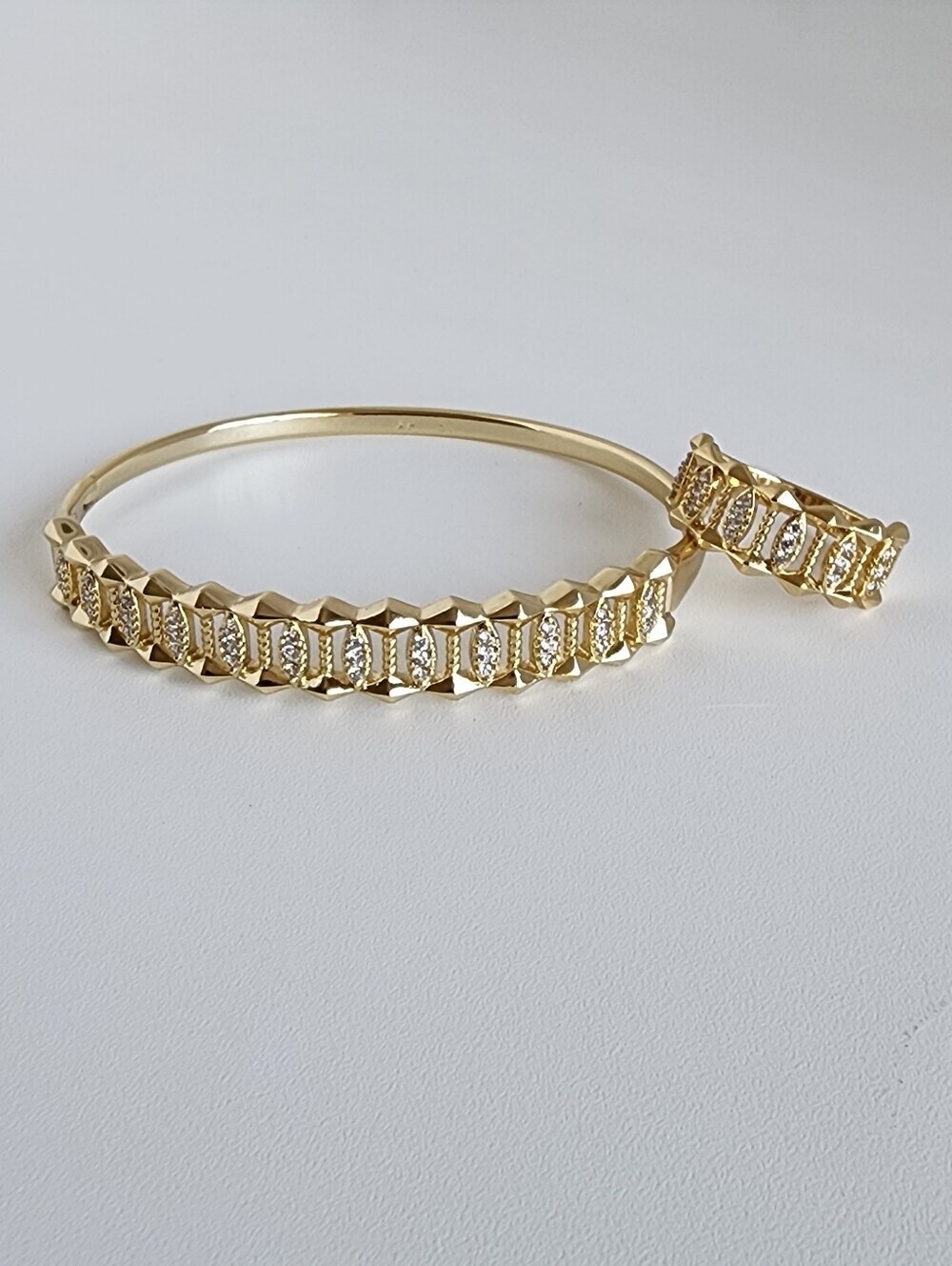 Gold Plated CZ Bangle Bracelet & Ring Set Size 9 / 60mm Statement Jewelry